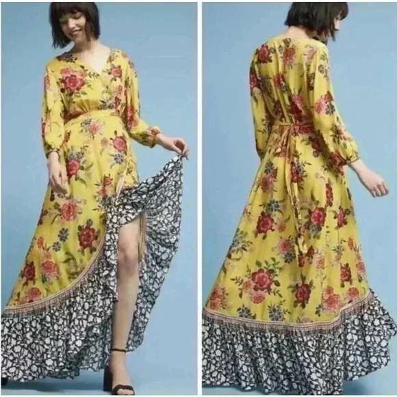 Farm Rio Maxi Dress XS Floral Yellow Pink Wrap Anthropologie Midi Asymmetrical - Picture 4 of 9